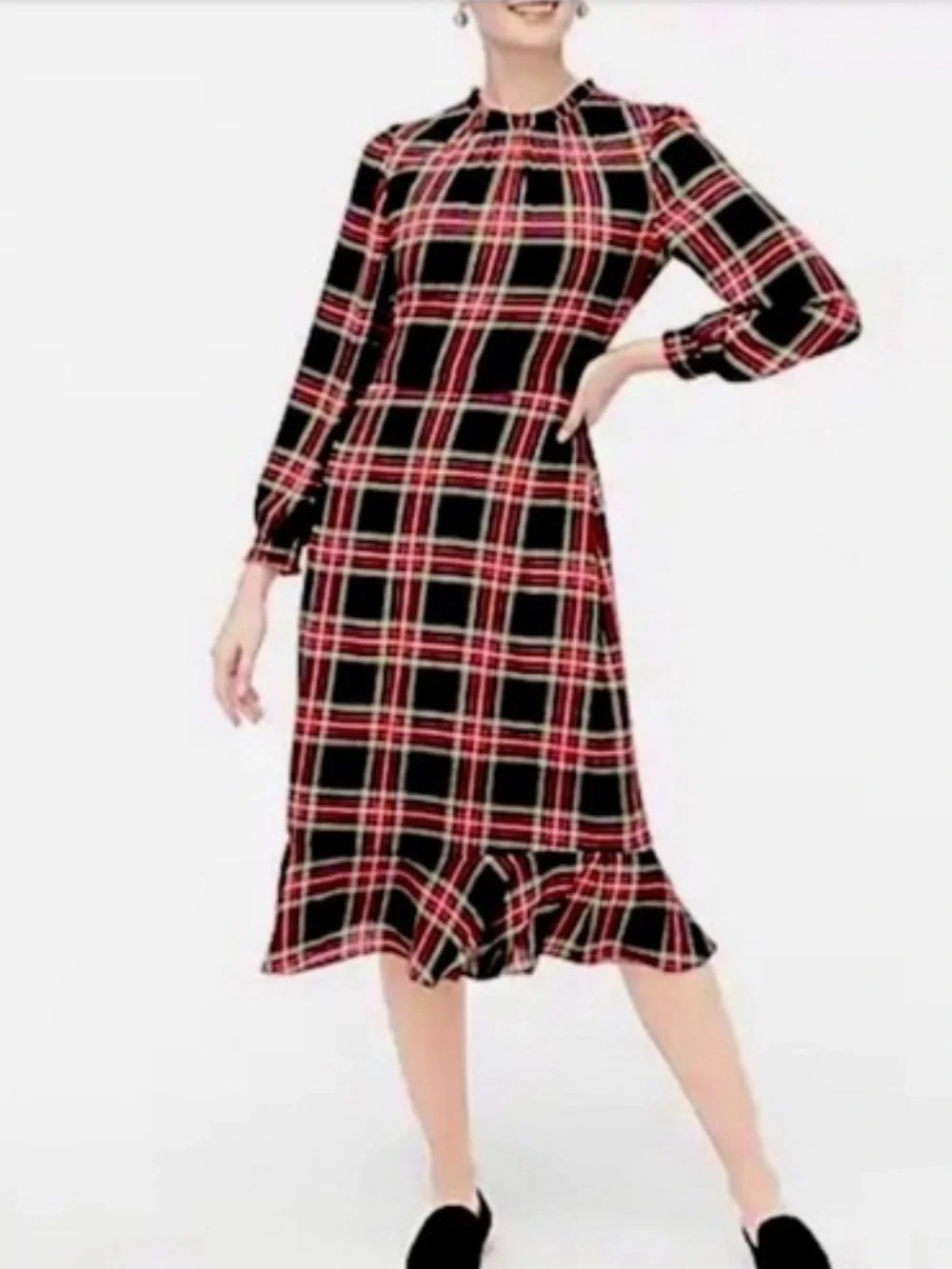 J. Crew Stewart Tartan Long Sleeve Plaid Ruffle Dress